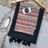 Black Handloom Khadi Cotton Saree With Multi Color Print Blouse